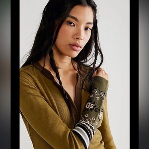 NOT AVAILABLE free People Green/Khaki Long Sleeve Top with Pink Patterned Cuffs